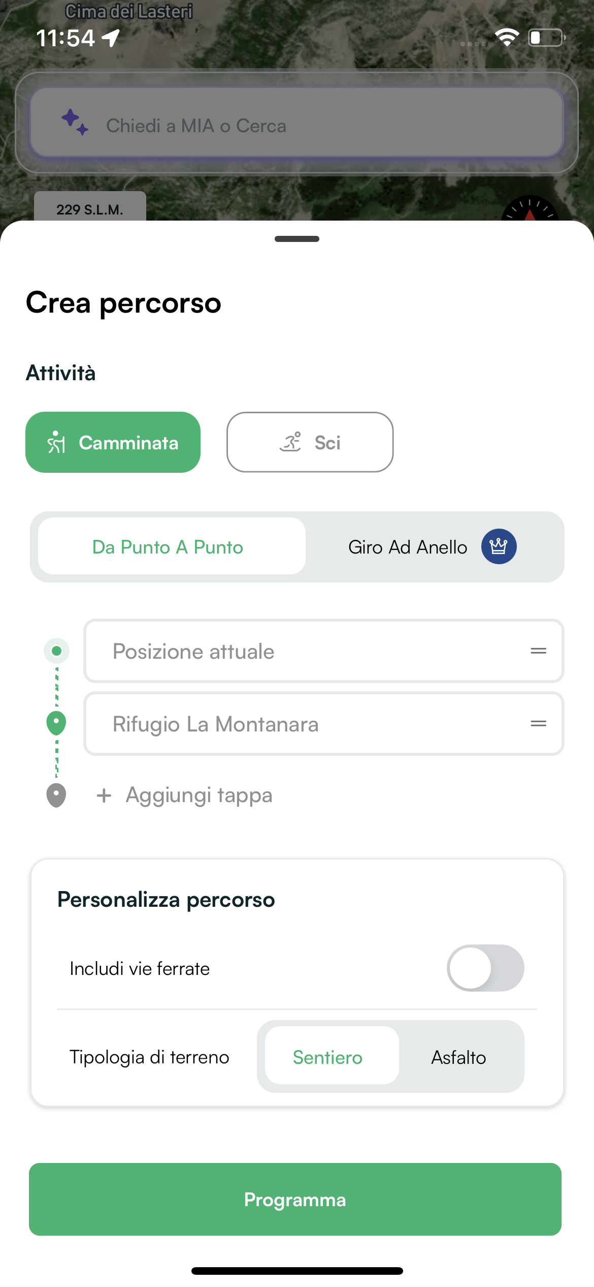 Schermata dell'app Mountain Maps, pianifica il tuo trekking