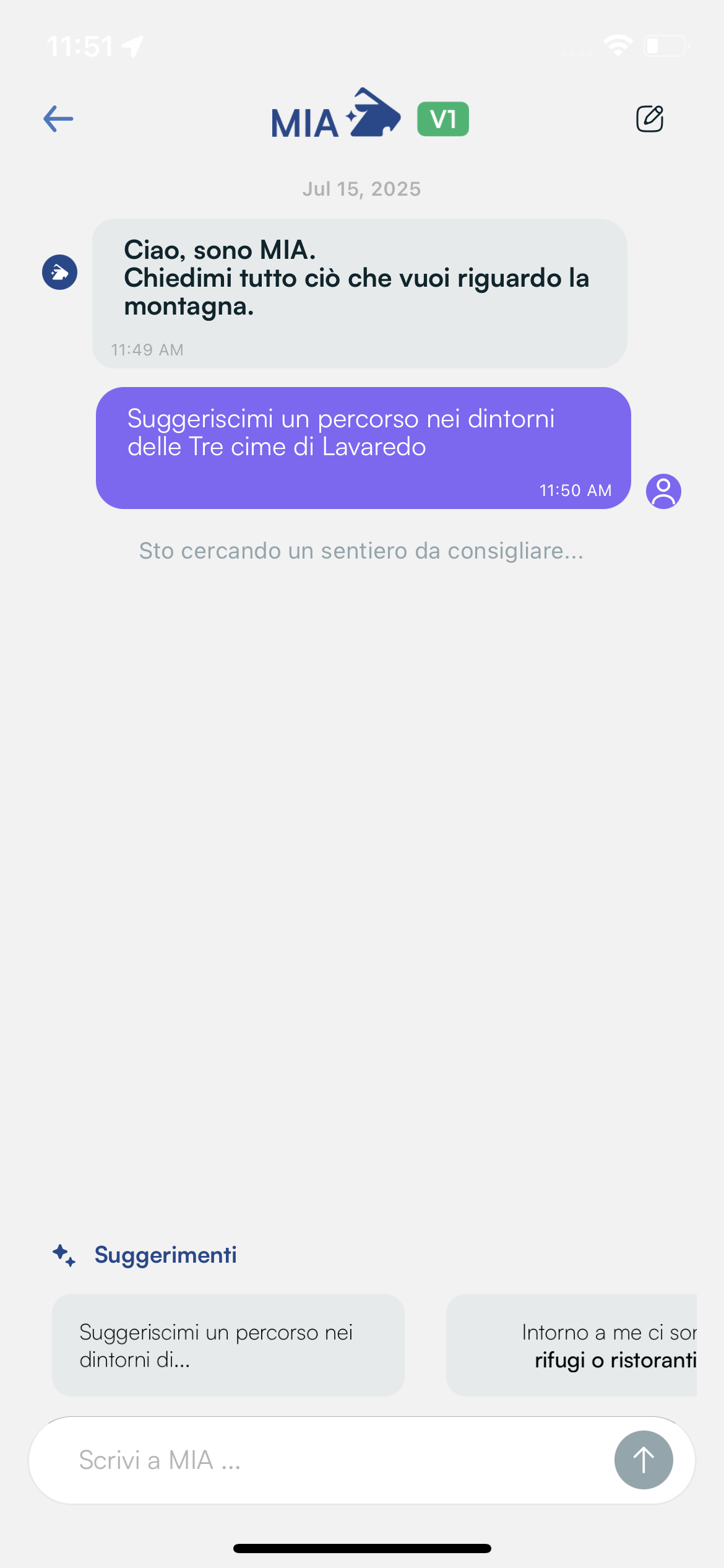 Schermata dell'app Mountain Maps, scrivere a MIA