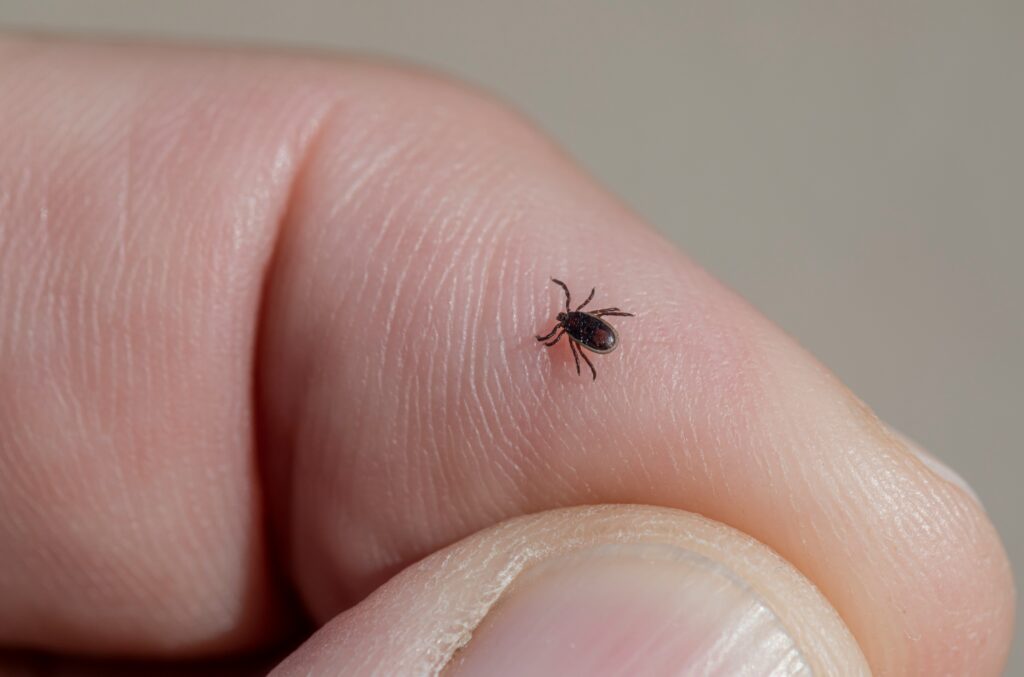 Foto di una zecca su una mano di uomo