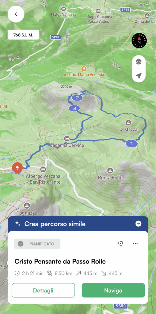 Mappa del giro al Cristo Pensante da Passo Rolle.