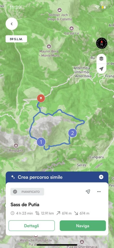 traccia del trekking ad anello Sass de Putia